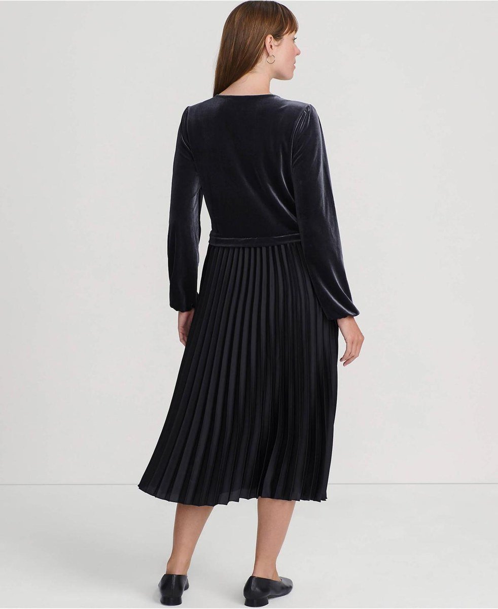 The back view of the Lands' End velvet and satin duet midi dress in black.