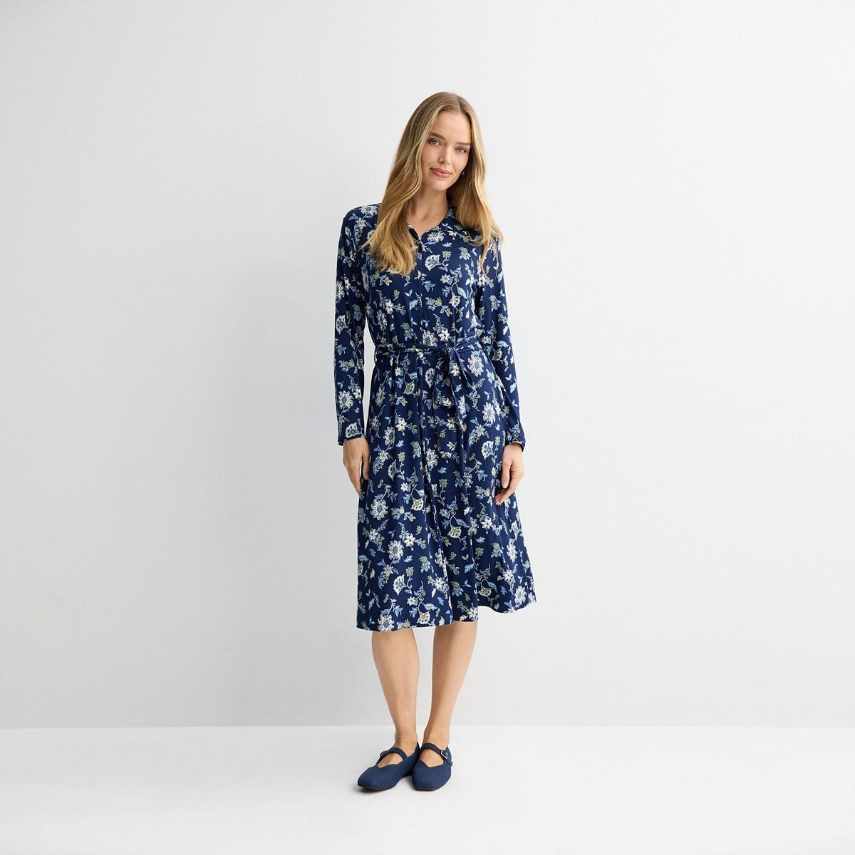 Navy floral knit shirt dress with long sleeves and a tie belt, one of the fall dresses with sleeves over 50 in the Kohl's edit.