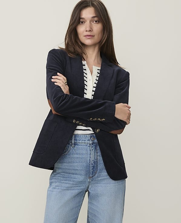 Petite outfits for women over 50: Ann Taylor petite corduroy blazer, cut 25 inches long to end at the hip