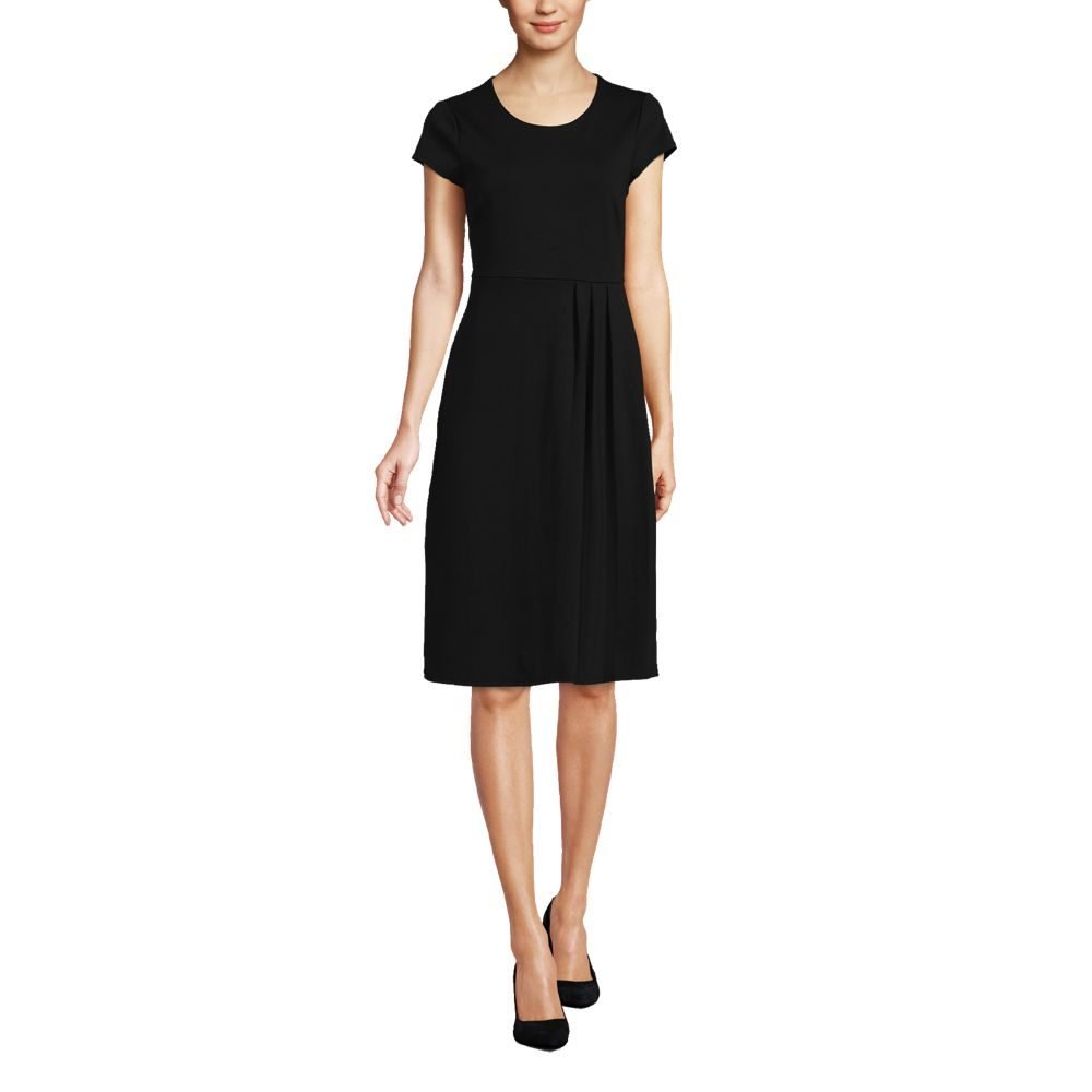 Petite dress proportions: Lands' End petite box pleat ponte dress with waist seam placed for a petite frame