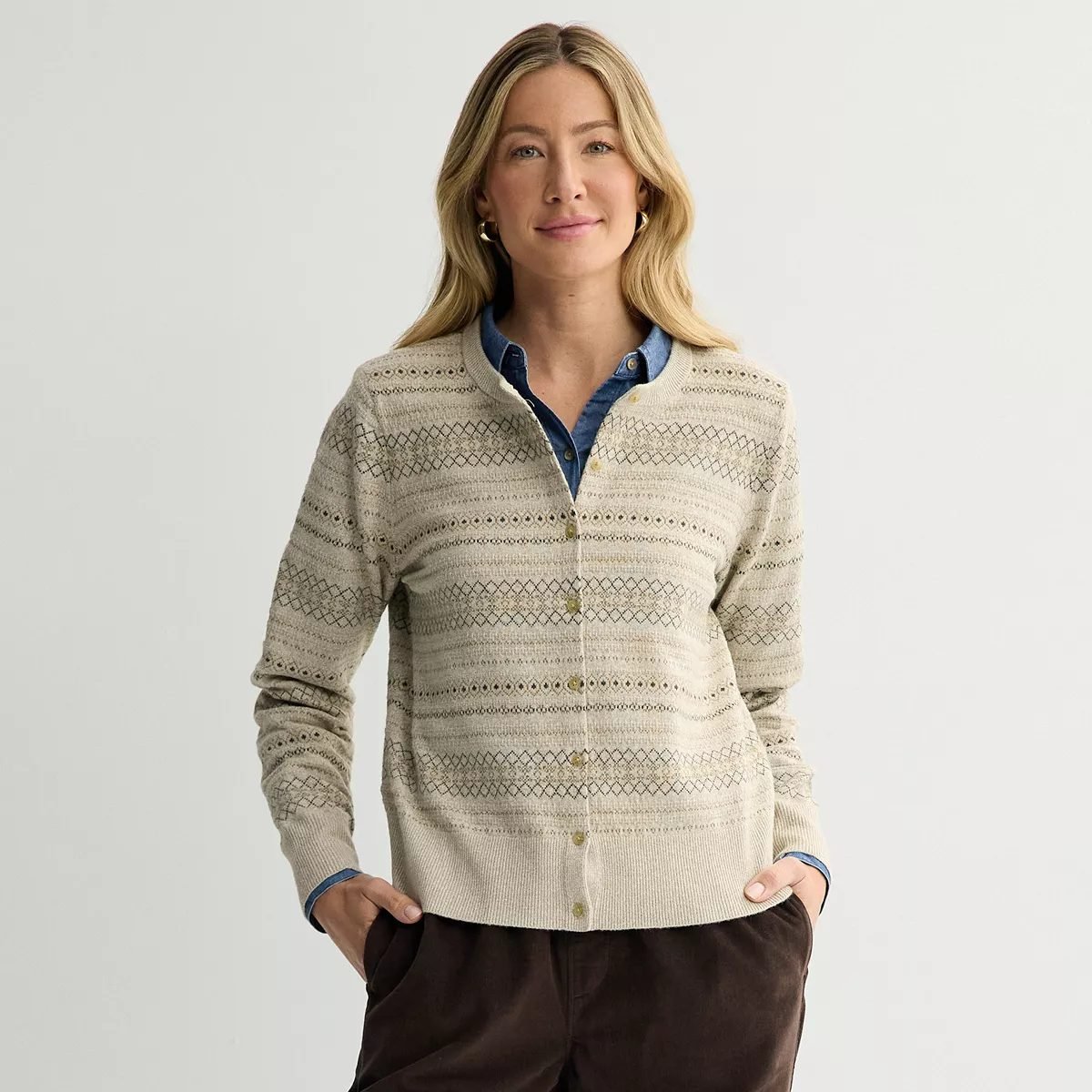 Fair isle button front cardigan worn with dark jeans, a cozy fall weekend outfit for women over 50.