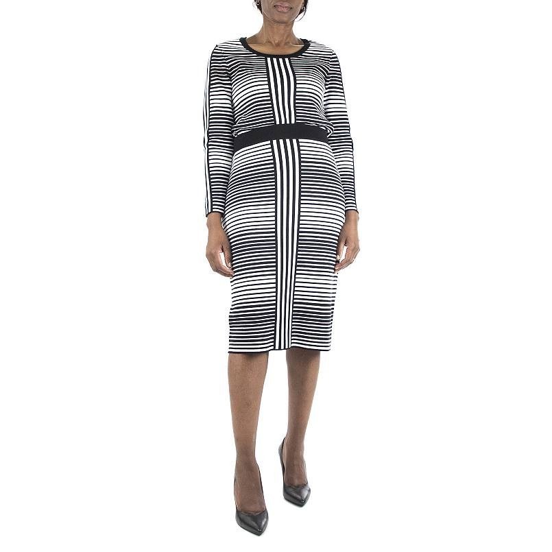 Black and white striped knit sweater and midi skirt set with long sleeves, for women over 50.