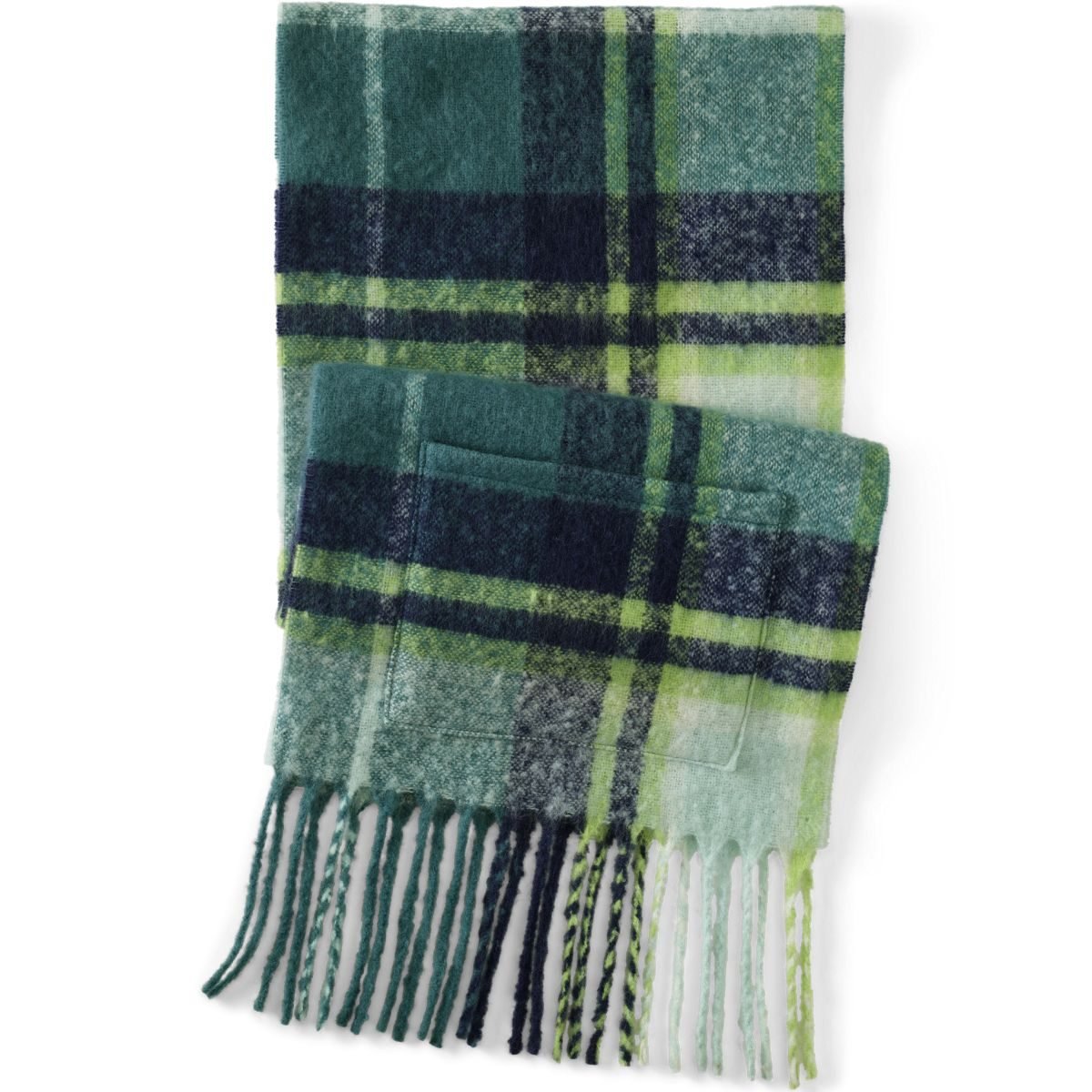 Woman over 50 wearing a plaid blanket scarf with fringe over a long black coat.