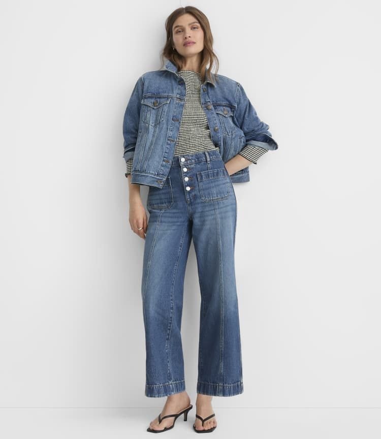 High rise petite outfits for women over 50: LOFT petite wide leg jeans, 11 and a quarter inch rise, 24 and a half inch inseam