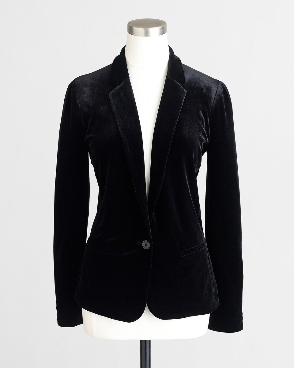 Black velvet blazer from J.Crew Factory with a notch collar and one-button closure, shown on a dress form