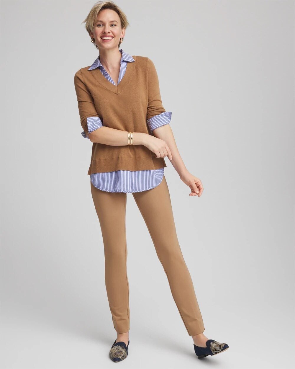 Ankle length petite outfits for women over 50: Chico's petite slim ponte pants, 27 and a half inch inseam
