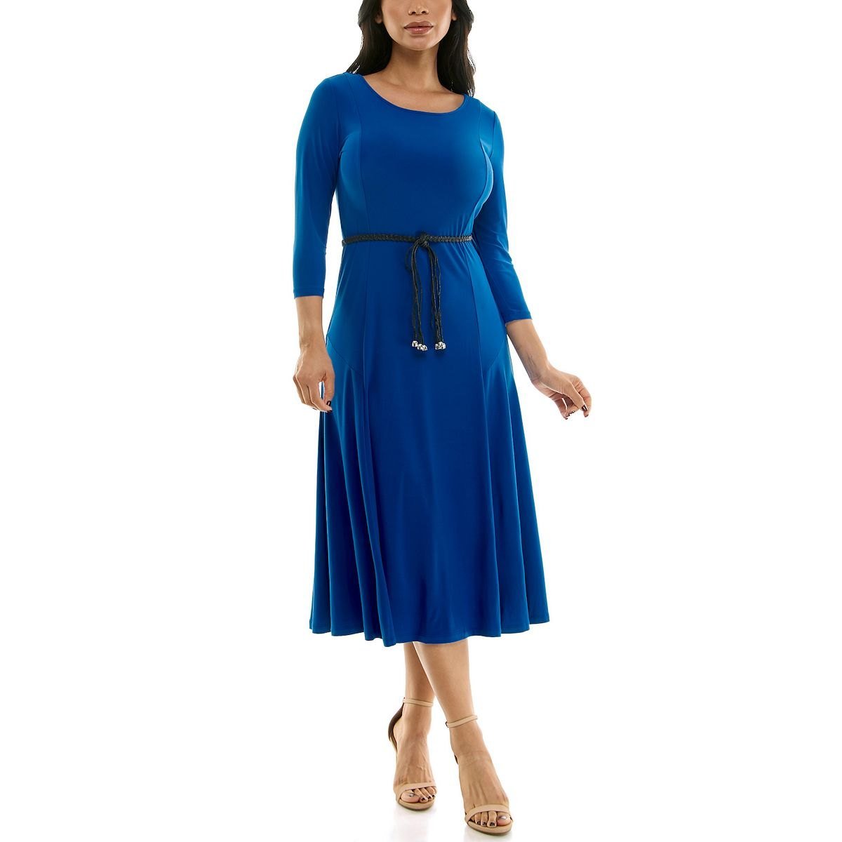 Royal blue belted knit midi dress with three-quarter sleeves and a scoop neck, worn with nude heels.