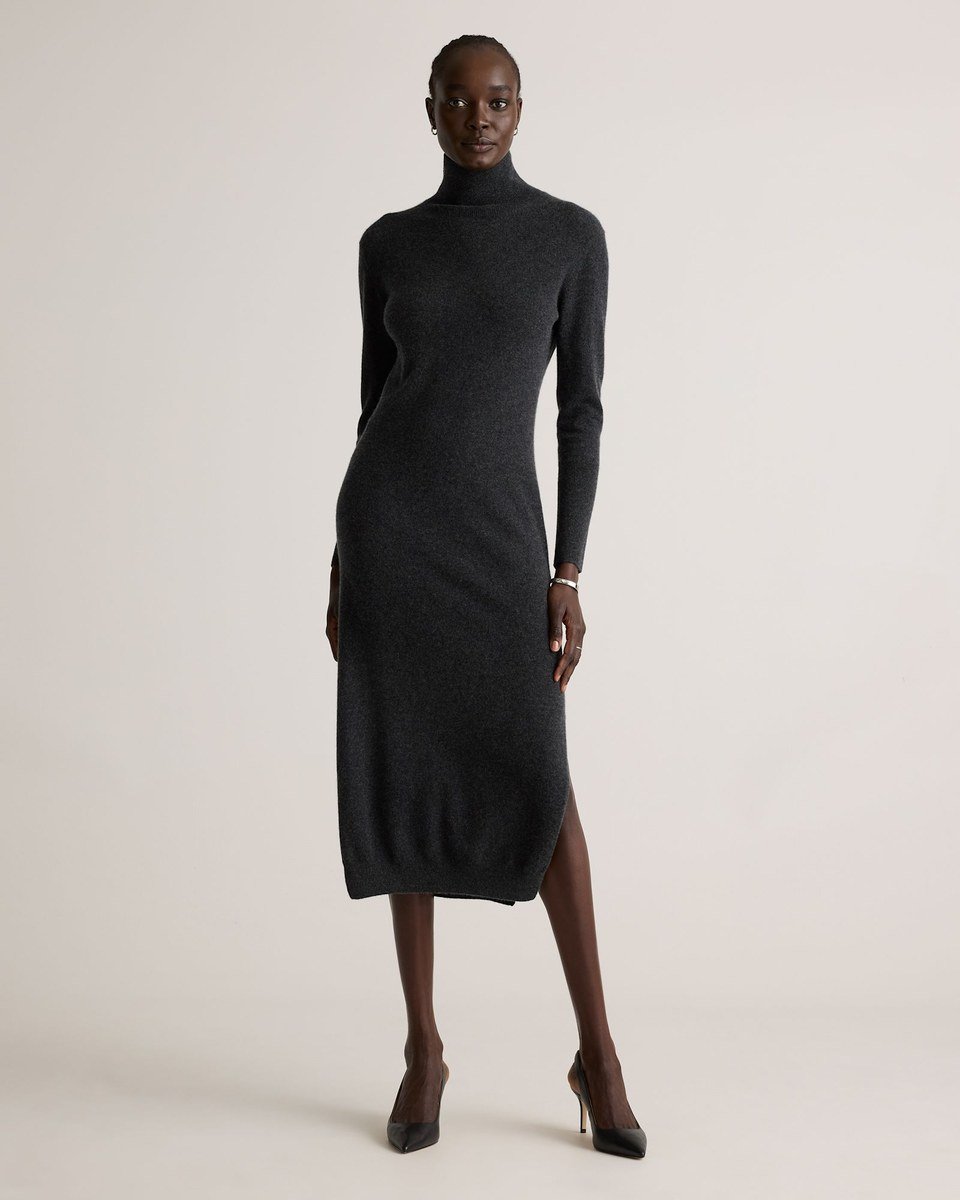 Charcoal cashmere turtleneck sweater dress with long sleeves and a midi hem, for women over 50.