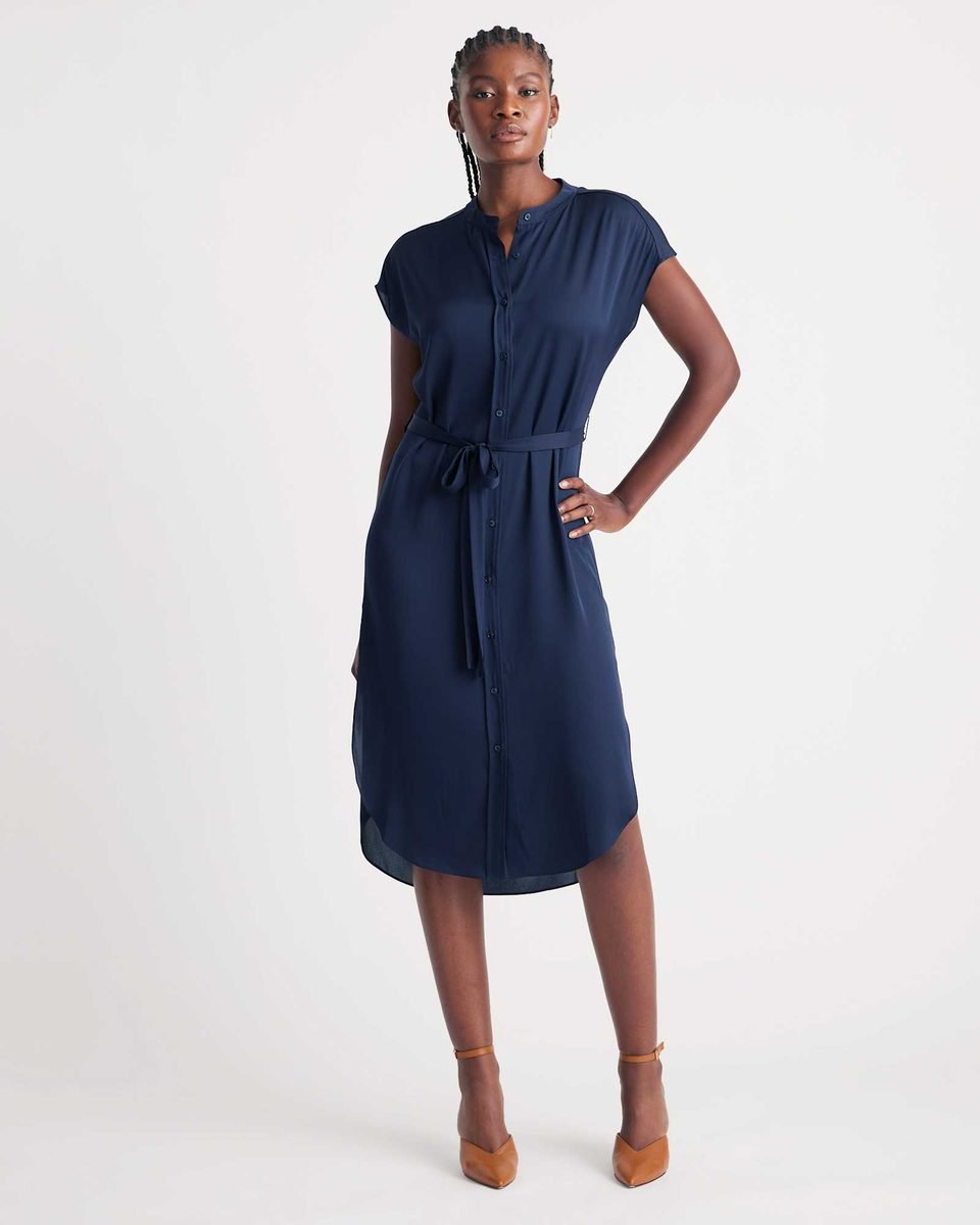 Navy washable silk midi shirt dress with a band collar, cap sleeves and a tie belt, an elegant semi-formal choice.