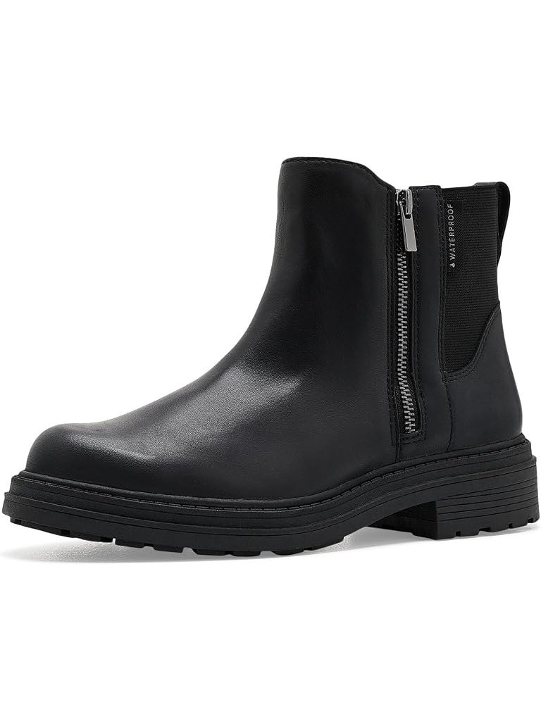 Black waterproof leather Chelsea boot with a side zip and a lug sole, for wet fall days.