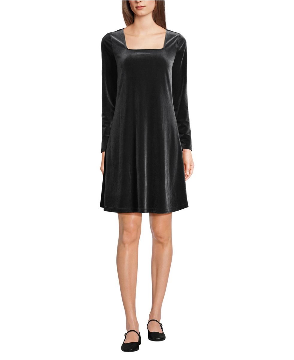 Black knit velvet square neck dress with long sleeves and a flared skirt that ends above the knee.