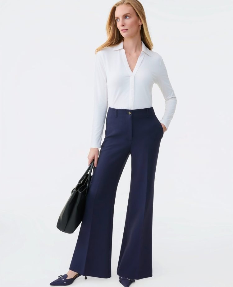 Full length petite outfits for women over 50: Ann Taylor petite high rise trouser, 29 and a half inch inseam, gentle flare