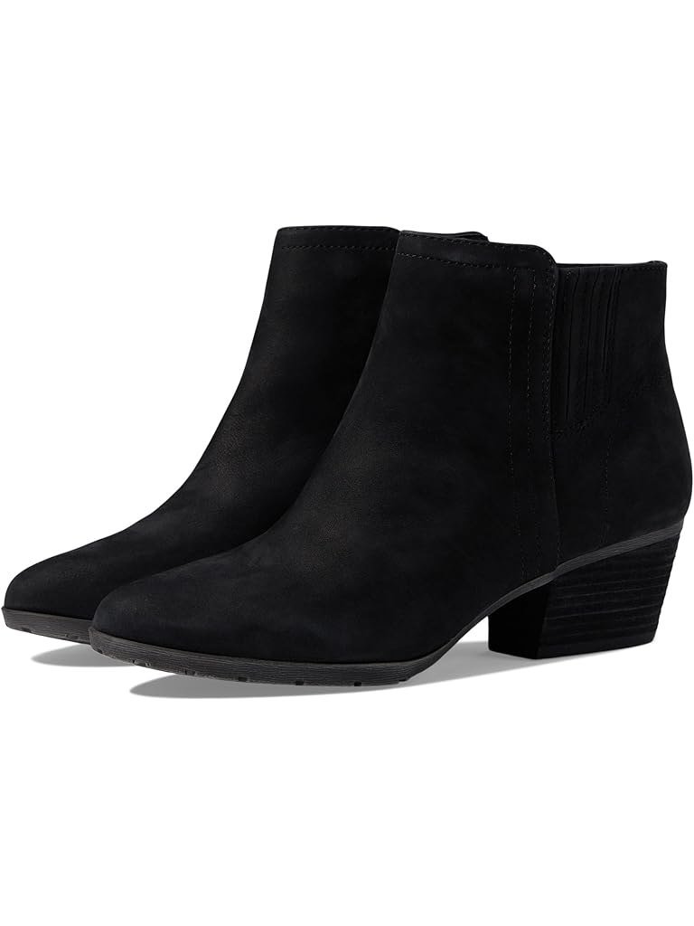 Black nubuck waterproof ankle boot with an almond toe and a low stacked heel, for cold and wet days.