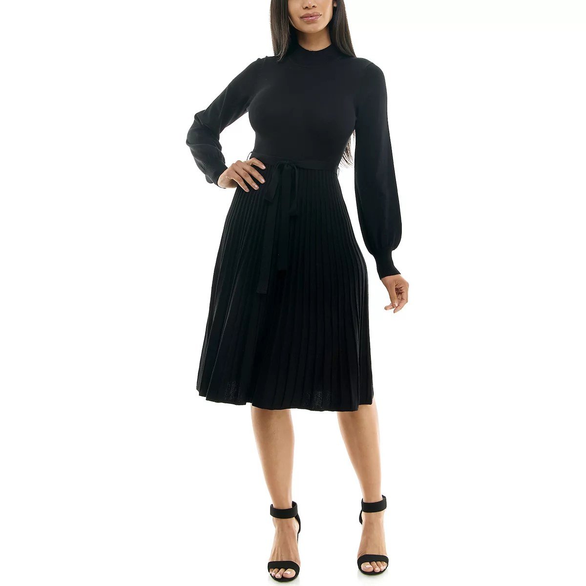 Black pleated midi sweater dress with balloon sleeves and a sash belt, a hosting outfit for women over 50.