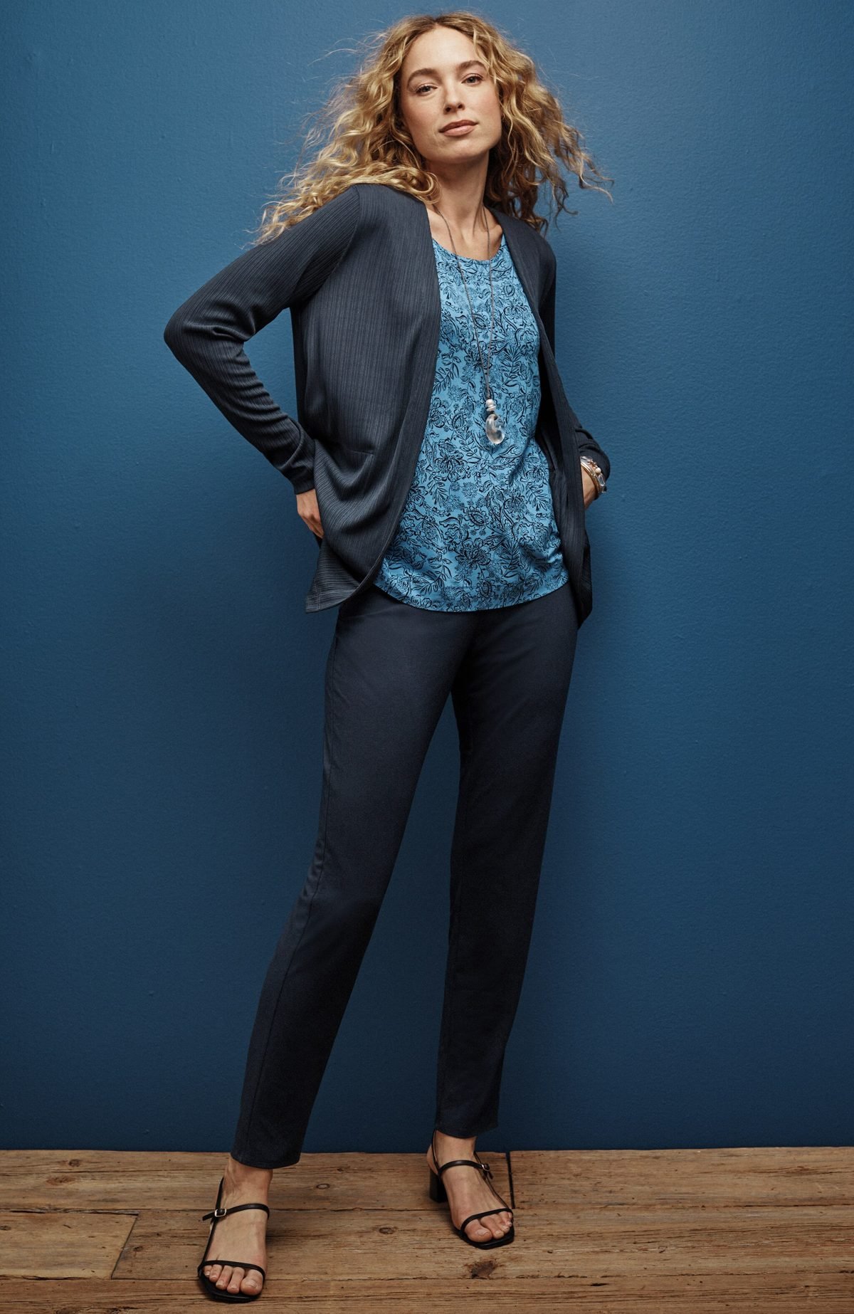 One color column dressing in petite outfits for women over 50: J.Jill Wearever petite slim leg pants with a 26 and a half inch inseam