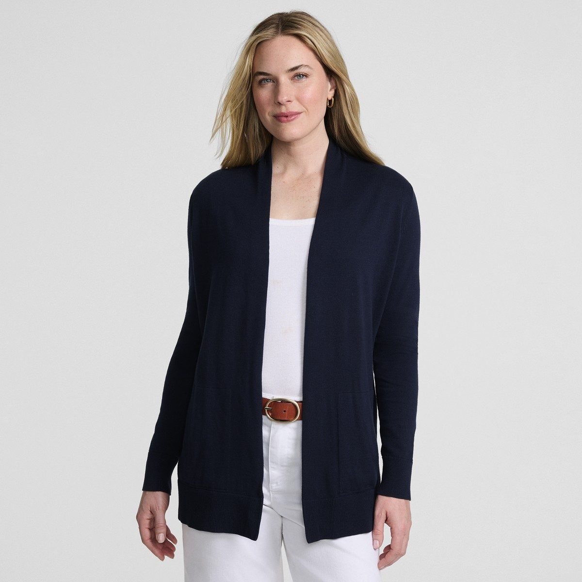 Long open front cotton cardigan over a striped tee and slim jeans, an easy fall errand outfit over 50.