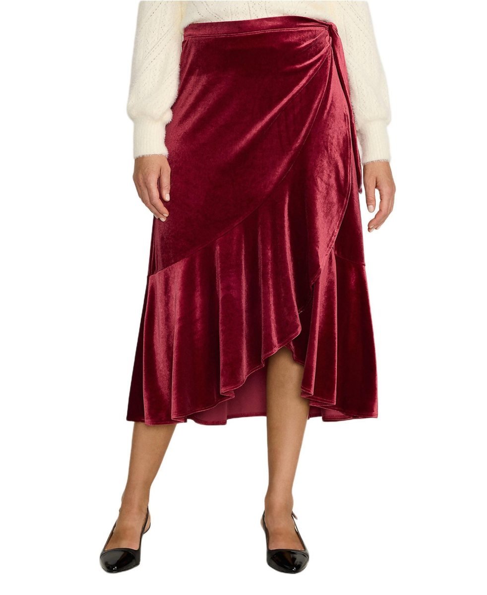 Regal garnet velvet wrap midi skirt with a side tie and flounced hem, worn with a cream sweater and black flats.