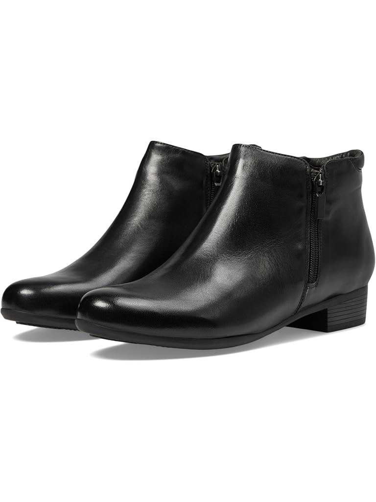 Black smooth leather bootie with zips on both sides and a low heel, in four widths.