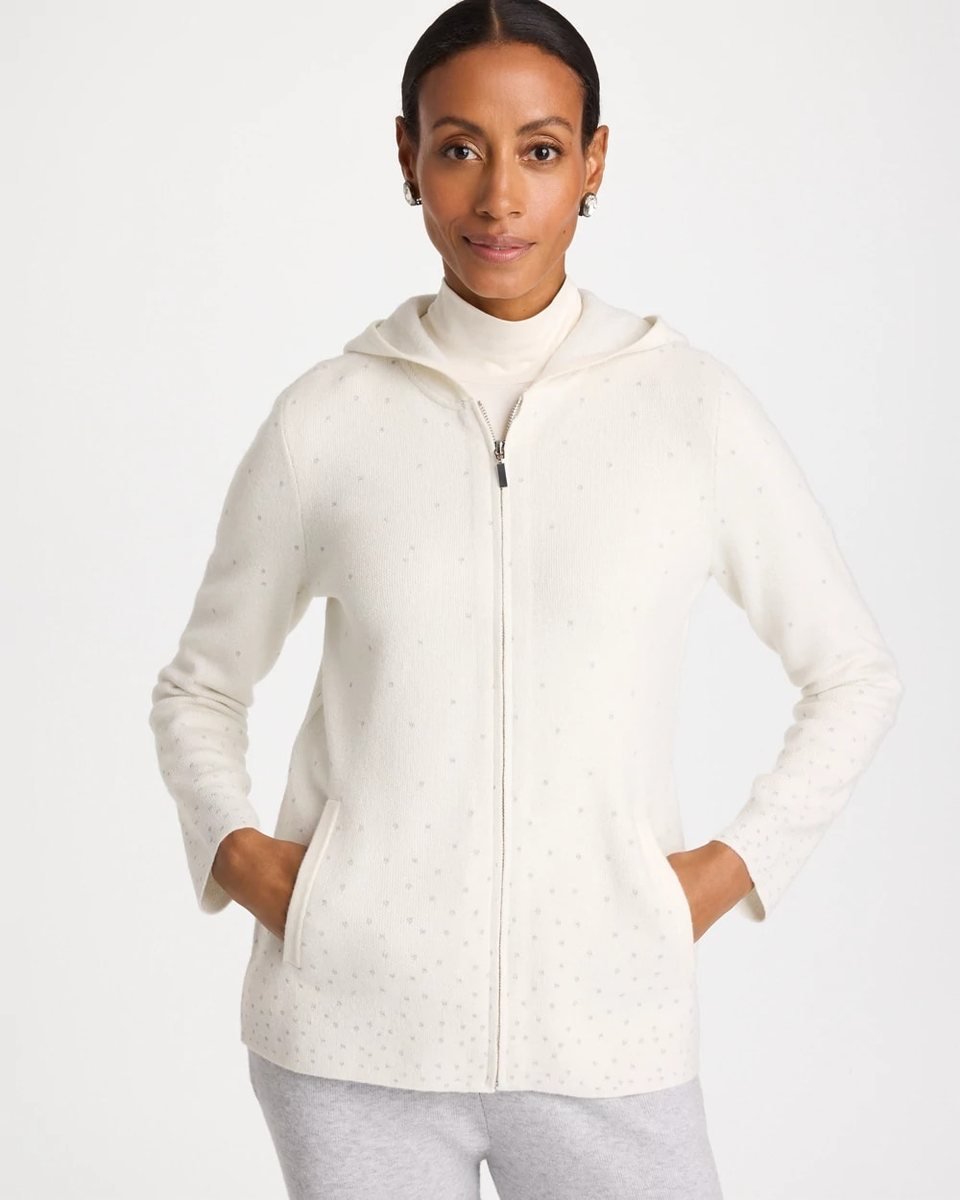 Soft ivory zip front knit cardigan jacket with a hood, fine lurex dot sparkle and pockets.