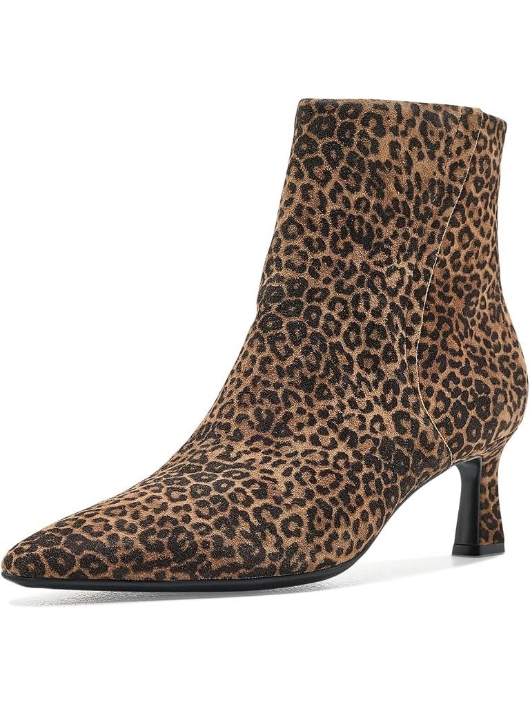 Brown leopard print suede ankle boot with a pointed toe and a low slim heel, the dressy pair in the edit.