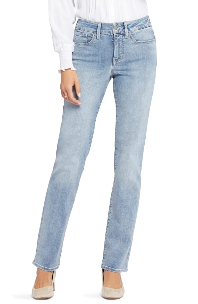 NYDJ Marilyn straight leg jeans for women over 50 with a high rise and dark wash, front view
