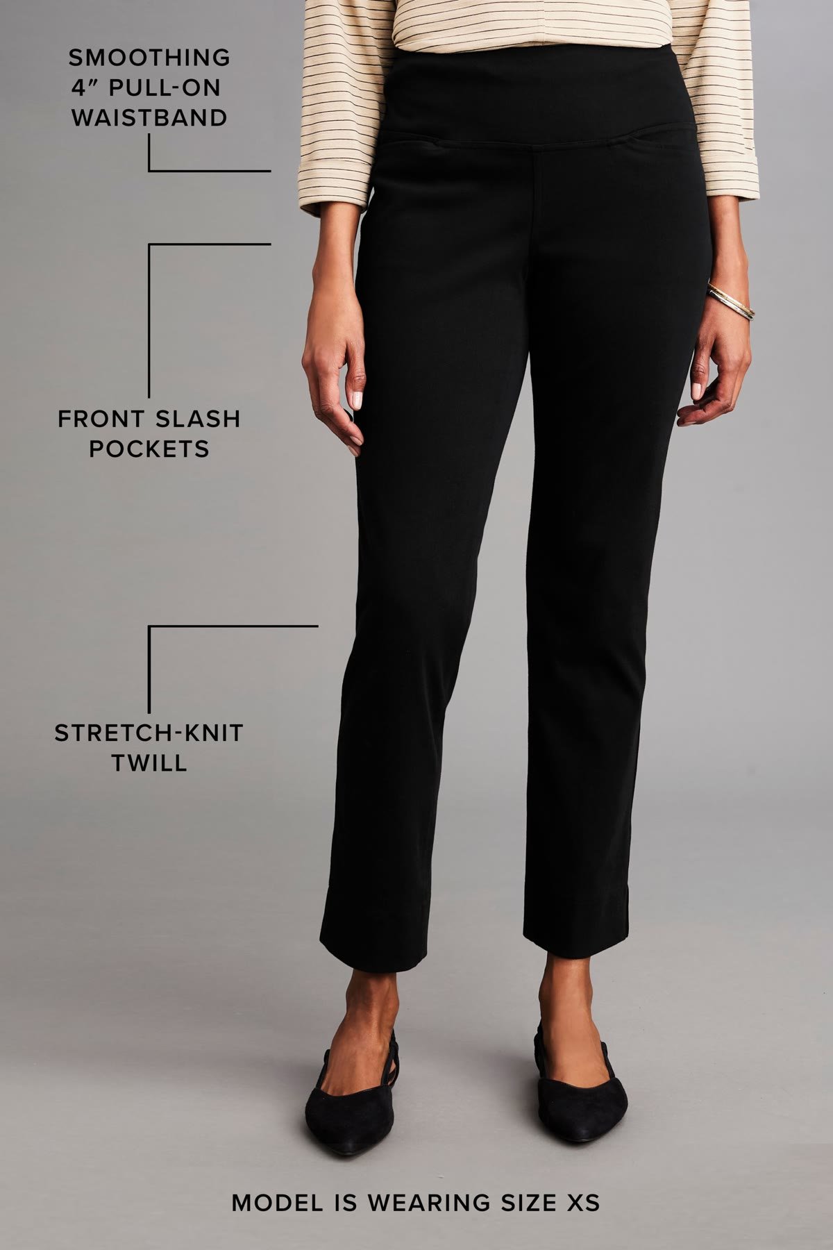 Smooth knit jeans with a stretch waistband that look like denim, a comfortable tummy friendly outfit over 50.