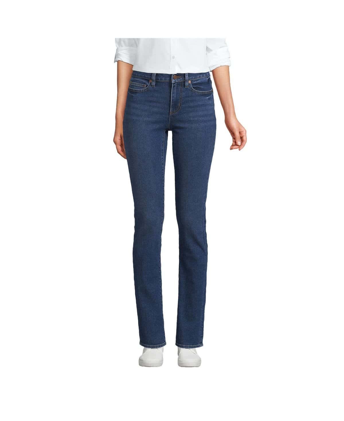 Lands' End mid rise straight leg jeans in black with a contoured no gap waistband