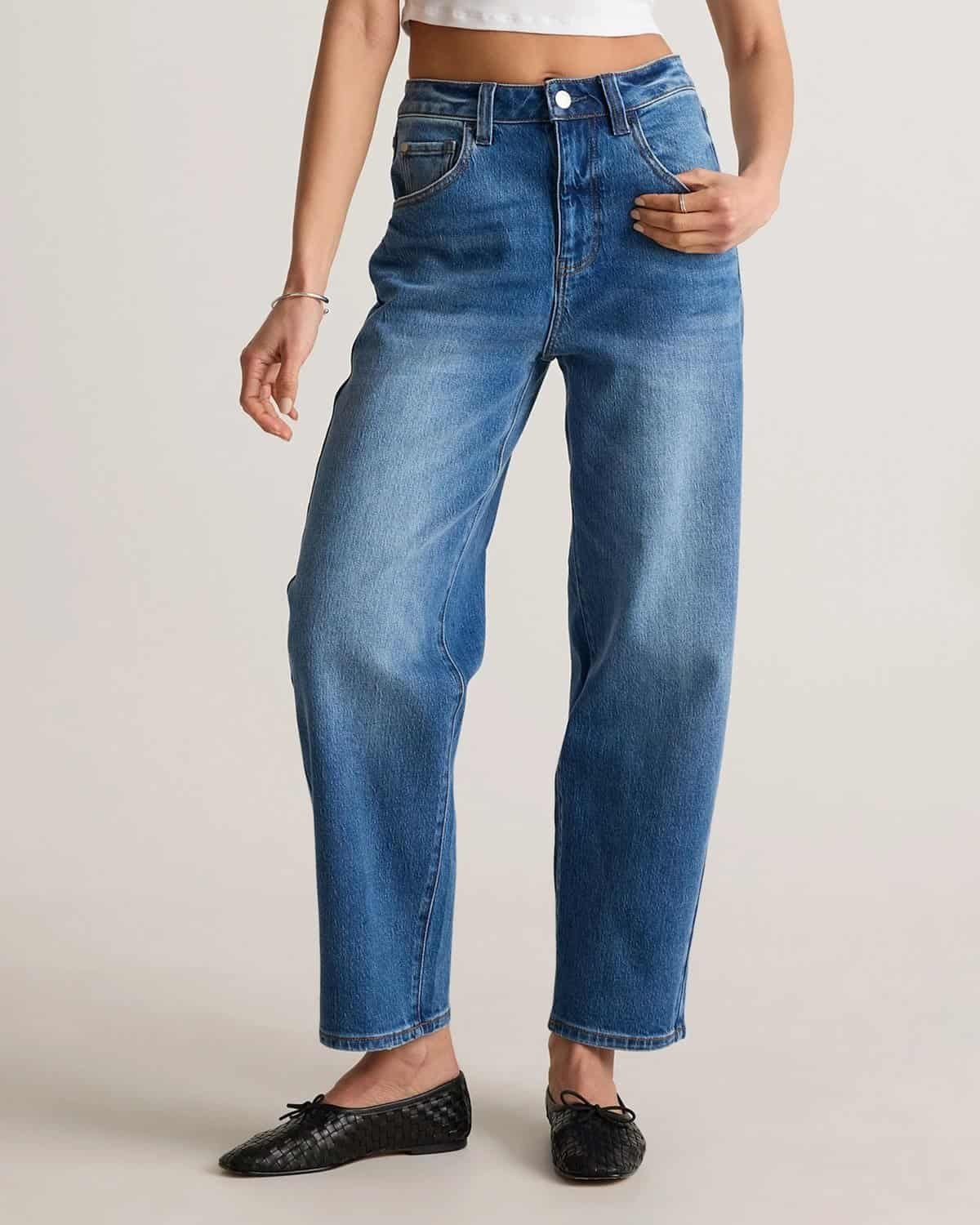 Quince Bella stretch barrel jeans in Atlantic Blue with a high rise and curved leg