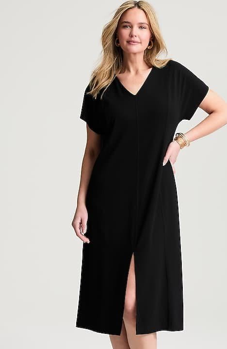 Seamed fit and flare dress with a V neckline and a skirt that clears the tummy, for women over 50.