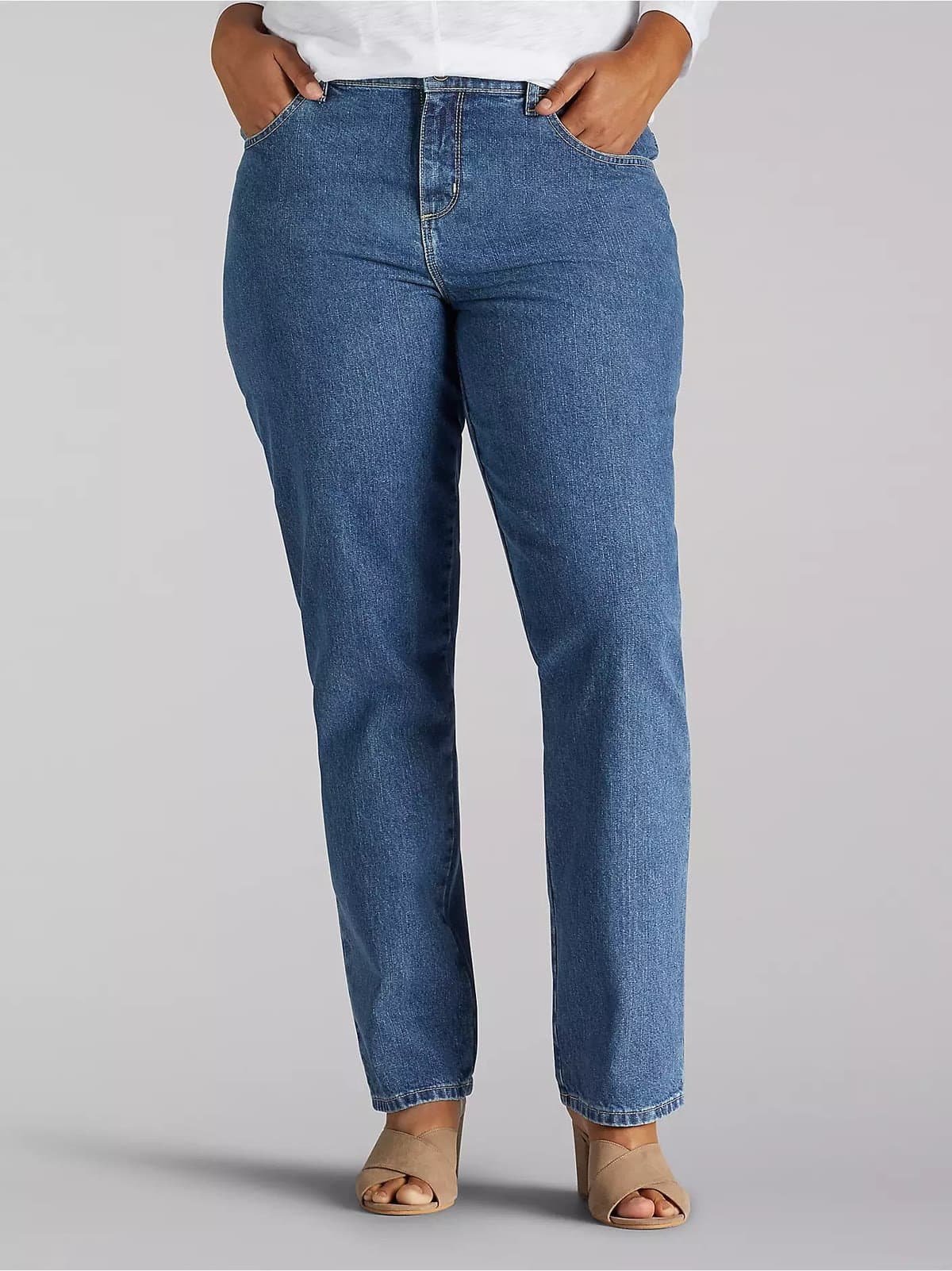 Lee plus size relaxed fit straight leg jeans in 100 percent cotton with a tall front rise